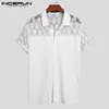 Camicia da uomo in pizzo maglia patchwork bavero manica corta streetwear vedere attraverso camicette sexy estate festa uomo abbigliamento INCERUN 7 220801