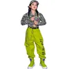 Stage Wear Kids Hip Hop Cleren Girls Fluorescent Green Pants Fashion Tops Street Dance Costume Jazz Performance Outfits Rave BL5916Stage