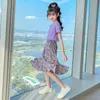 Girls Floral Skirt Set Kids Boutique Clothing Summer Casual Cute Solid Colour Short Sleeve T-shirt Floral Skirt Two Piece Suits G220509