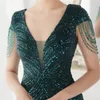 YIDINGZS Deep V Neck Green Sequin Robe de soirée Sexy Party Maxi Femmes Perles Long Prom 19085 220510