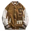 High Street Baseball Jacket Мужчины PU Кожаное Сращивание Полотенце Вышивка Университетские Куртки Старинные Свободные Причинные Пальто Пара Зеленая Куртка T220816