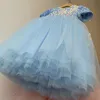 2022 Sequined Ball Gown Flower Girls Dresses Sheer Neck Cap Sleeves Applique Sash Beaded Lace Tulle Tutu Spädbarn Födelsedagsfest Pageant Gown