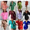 Green Casual V-neck Soft Silk Satin Dress Women 2022 Spring Long Sleeve Collect Waist tie knot Mini Short Dress Elegant Lady Office Dresses