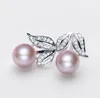 Zircon Leaf Ear Studs Natural Freshwater Pearl Earrings White Purple Pink Lady/Girl Fashion Jewelry