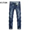 Kstun Men Jeans Famous Brand Slim Straight Business Casual Dark Blue Thin Elasticity Cotton Denim Pants Byxor Pantalon 210318