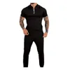 Mode Einfarbig Casual Trainingsanzüge Für Männer Kurzarm Slim Fit Zipper Revers Polos T-shirt Und Sport Hose 2 stück Polo-Sets