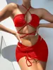 3 Pieces Mesh Skirt Swimsuit Women Halter Micro Bikini High Waist Swimwear Sexy Solid Beachwear Bathing Suit Biquini 220622