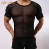 Mens T-skjorta tätt sexiga mesh transparenta t-shirt män andningsbara sport korta ärmstoppar för man