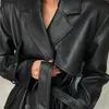 Lautaro Spring Autumn Long Black Soft Pu Leather Trench Coat for Women Belt Double Breasted Cool Stilig European Fashion 220815