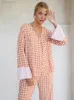 Hiloc patchwork print nachtkleding pyjama's met lange mouwen voor vrouwen sets dames outfits 2022 pyjama's v nek nachthemd losse vrouw kleding l220803