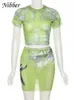 Borngber verão twoopiece shortsleeeved saia redonda pescoço e cintura design apertado padrão de impressão irregular verde para mulheres de rua 220602