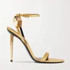 En yeni Tomford Metal Asma Kilit Dar Kelime Band Yüksek topuklu sandalet 10.5 cm Kadın Deri Lüks Tasarımcı Yüksek topuklu ayakkabılar Orijinal Kutu