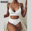 RUUHEE femmes maillot de bain côtelé taille haute solide noir blanc Push Up Bikini ensembles maillots de bain femme avec rembourré maillot de bain 220518