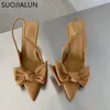 SUOJIALUN Summer Women Slingback Sandals Shoes Fashion Bowknot Pointed Toe Slip On Ladies Elegant Dress Pumps Shoes 220610