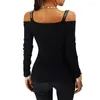 Women's T Shirts Solid Color Women Ladies Shoulder Long-Sleeved Sexy V-Neck T-Shirt Blouse Shirt Rhinestone Cold Tops Office Lady Work