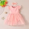 Kinder Kleidung Mädchen Spitze Mesh fliegende Ärmel Kleid Kinder Prinzessin Kleider Sommer Boutique Mode koreanische Version Baby Kleidung mit Stirnband