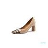 Dress Shoes Fashion Trendy Brand Checkered Women Natural Leather High Heels Pumps Nude Office Work Ladies