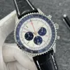 B01 46MM jakość Navitimer zegarek chronograf mechanizm kwarcowy stal czarne kółko srebrna tarcza 50. ROCZNICA męski zegarek skórzany pasek męskie zegarki na rękę