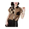 Nova camisa feminina casual vintage xadrez caqui temperamento alta qualidade cetim manga curta camisa polo feminina de seda verão camisetas tamanho S-XXL