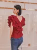 Bloups feminina camisas com decote em V Francês Mulheres 2022 Estilo de verão Retro plissado na cintura mangas moda de moda vermelha blusa vermelha