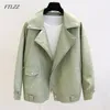 Ftlzz Nova primavera de couro Faux PU Women Women Logo BF BF BF Turndown Collar Moto Moto Biker Rivet Zipper Vintage Street Jacket LJ201021