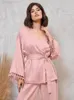 Hiloc Tassel splicing kobiety piżama różowa satynowa odzież nocna z paskiem seksowne zestawy pijamy z dekoltem z spodniami luźne garnitur domowy nowy L220803