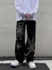 Grunge Punk Spider Web Print Preto Calça Feminina Goth Streetwear Oversize Calças de Pernas Largas Anos 90 Vintage Y2k Roupas Cargo