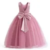 Mädchenkleider mit V-Rücken für Hochzeit und Party, Perlen, Brautjungfern-Kinderkleider, Schleife, Teenager-Prinzessin, Abend-Festzug-Abschlussballkleid G220428