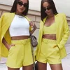 3XL Women Two Piece Pants Set Outfits Autumn Clothing Fashion Turn Down Blazer Coat And Shorts With Belt Business Suits