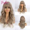 TINY LANA Synthetic Long Wavy Ombre Light Brown Blonde Ash Wigs with Bangs Party Cosplay Hair Wigs for Black Women Fake Hair