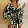 Femmes d'été robes élégantes sexy col en V à lacets imprimé floral mini robe décontractée manches évasées robe de soirée irrégulière pour dames 220621