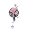 10pcs/ 의상 보석 키 반지 장미 분홍색 크리스탈 라인 스톤 동물 새 새 플라밍고 모양 개폐식 ID 이름 배지 릴 홀더 의료 선물