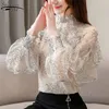 Mode Dames Tops en Blouses See Through Lace Shirt Wild Ruches Chiffon Damesblouse Vintage Top Vrouwelijke 2551 220516