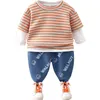 Spring Autumn Baby Boys Clothing Set 2021 New Fashion Kids Striped Patchwork T-Shirt Denim Pants Toddler Girls Clothes Outfits G220509