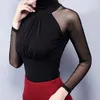 Women Autumn Sexy Blouse Shirts Turtleneck Long Sleeve Mesh See Through Splice Blusas Tops Casual Pullover 220516