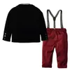 Stripe Fashion Boys Outfits Kids Lapel Long Sleeve Shirt+blazers Outwear+suspender Pants+Bows Tie 4pcs Sets Children Gentleman Sets