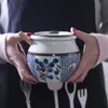 Японская керамическая пряная банка соль приправляющая горшок с крышкой ложкой для домашней ресторана кухня сине -белая рука цветок цветок