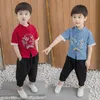 民族服赤ちゃん男の子中国の伝統的な服夏のプリント唐スーツコットンコート半袖シャツ緩いHanfu Tops Pants 3色