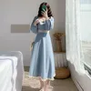 Robe à manches longues femmes Vintage automne belle BF Empire dames une ligne robes bleu vacances doux dentelle Patchwork bouffée 220521