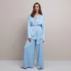 Hiloc Lace Up Tam Kollu Pijama Kadın Pijama Setleri Bayan Kıyafetleri Geniş Bacak Pantolon Pantolon Takım Elbise Ev Ilewear Kış Moda 220329