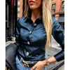 Kadın bluz gömlek kadın suni deri 2022 zarif tek göğüslü Pu gömlek bayanlar moda yaka uzun kollu rahat