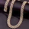 Łańcuchy 15mm mężczyźni Iced Out kubański łańcuszek naszyjnik Hip Hop biżuteria złoty kolor srebrny Bling Rhinestone Prong Choker kobiety GiftChains