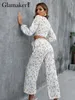 Glamaker White floral print 2 piece sets Elegant long sleeve V neck lace up wide leg pant Summer high waist women 220602