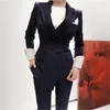 Costumes pour femmes Blazers costume femmes rayé Blazer ensemble mode bleu foncé Double boutonnage formel affaires pantalons dames bureau travail porter Clothi