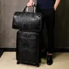 Malas 100% Couro Real Bagagem de Viagem com Bolsa Masculina Cabeça de Couro Universal Roda Crocodilo Padrão Mala 20 Polegadas Estojo de EmbarqueSui