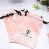 20PCS Pink Satin Hair Packaging Jewelry Cosmetic Makeup Silk Drawstring Pouch Party Gift Storage Sachet Print Shoe Bag 220706