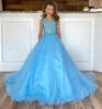 Crystals Girl Pageant Dress 2023 Ballgown AB Stone Organza V-Ausschnitt Little Kid Birthday Formal Party Gown Kleinkind Teens Preteen ritze Light Blue Pink Zipper Back