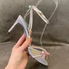 Rene Caovilla Top Quality مصممين الكعب النسائي الصنادل الكعوب Crysta Buckle Party Wedding Dress Shoes Heel Sexy Back Strap 100 ٪ Leather Sole Sandal