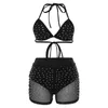 Fishnet Ladies Sexy Sequins Set Club Clothes Lacing Bralette Tank Crop Top High Waist Stretchy Shorts Women Summer Clothes Party 220526