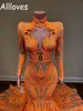 Vintage oranje prom jurken met lange mouwen zien door kant hoge kraag zeemeermin avond formele jurken vrouwen plus size arabisch aso eBi vestidos de festa CL0161